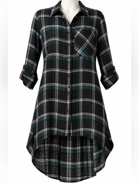 Maison Coupé Plaid Shirt Dress Tunic Black Green Button Front M NWT